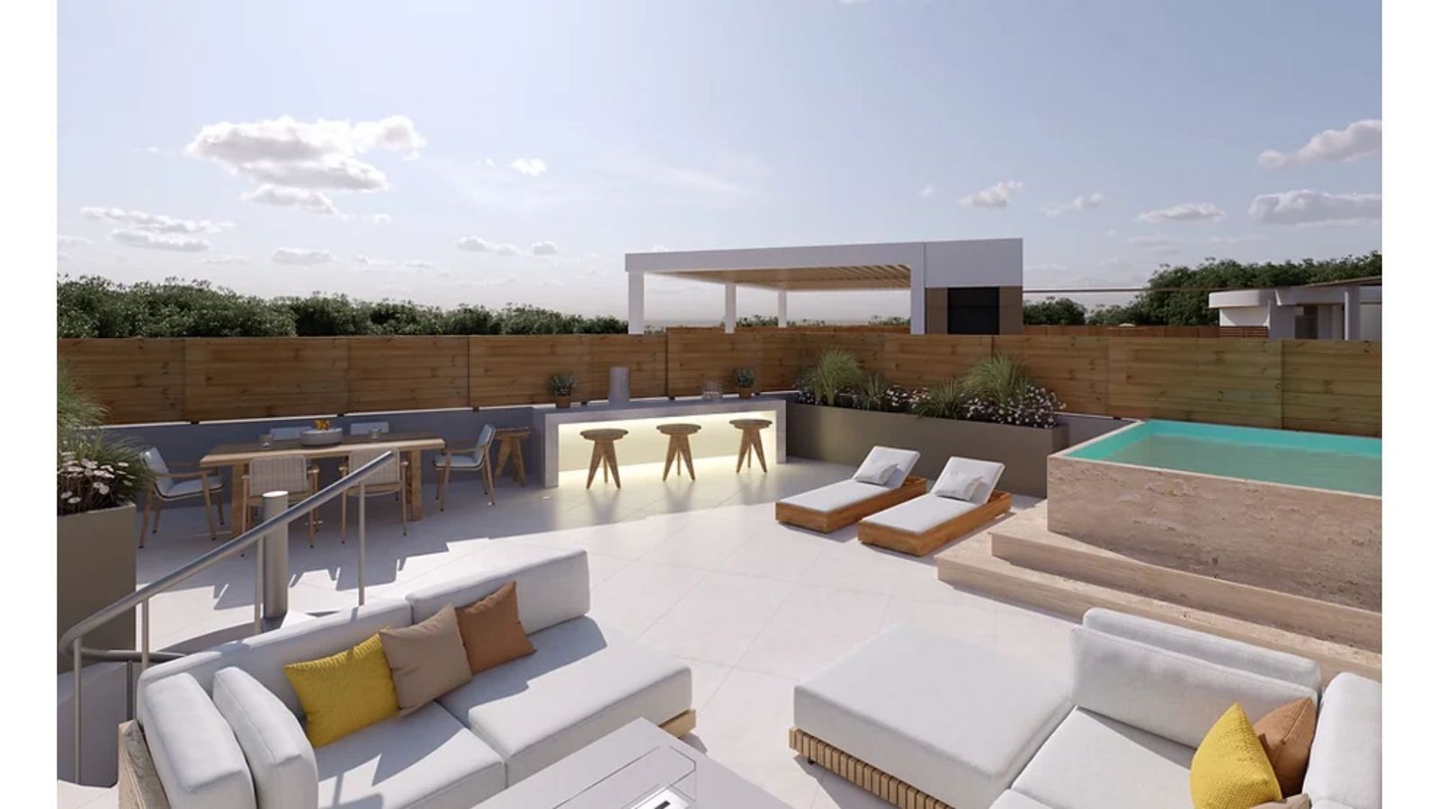 Luxuriöse Dachterrasse mit Pool, Lounge und Essbereich