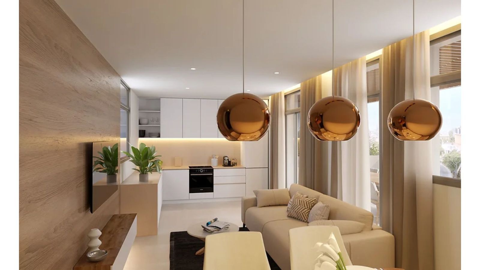 Modernes Apartment-Interieur mit offener Küche und Wohnbereich.