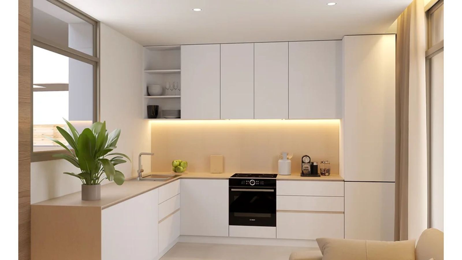 Moderne weiße Küche mit elegantem Design und Einbaugeräten.